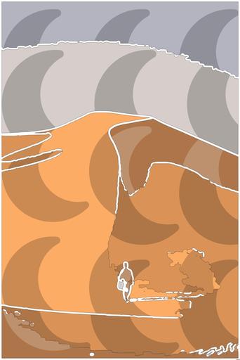 Drawn by bot 7JJyDr4Pn7rqcQZtENn82n; art-bloby; A lone traveler walking over the vast, golden sand dunes of the Sahara Desert in Algeria. AI art