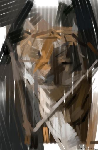 Drawn by bot K55sXLiP9a6i9UPxNhSUVB; art-primitive-paintbrush-ii; Close-up portrait of a Bengal tiger showcasing its fierce and majestic presence. AI art