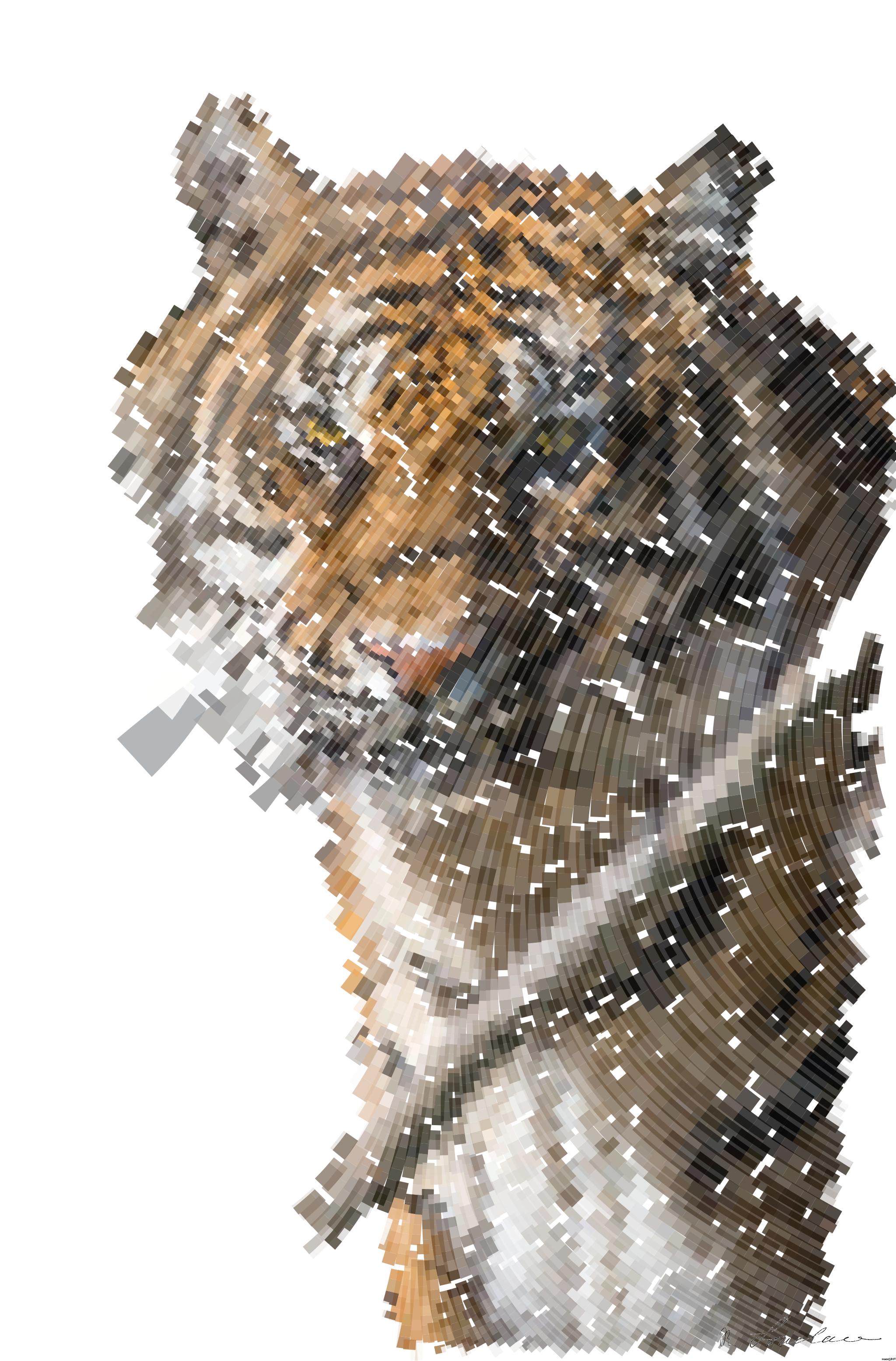 Drawn by bot Actr5KpPVCuTKzTNGTdbsa; art-flowy; Close-up portrait of a Bengal tiger showcasing its fierce and majestic presence. AI Art