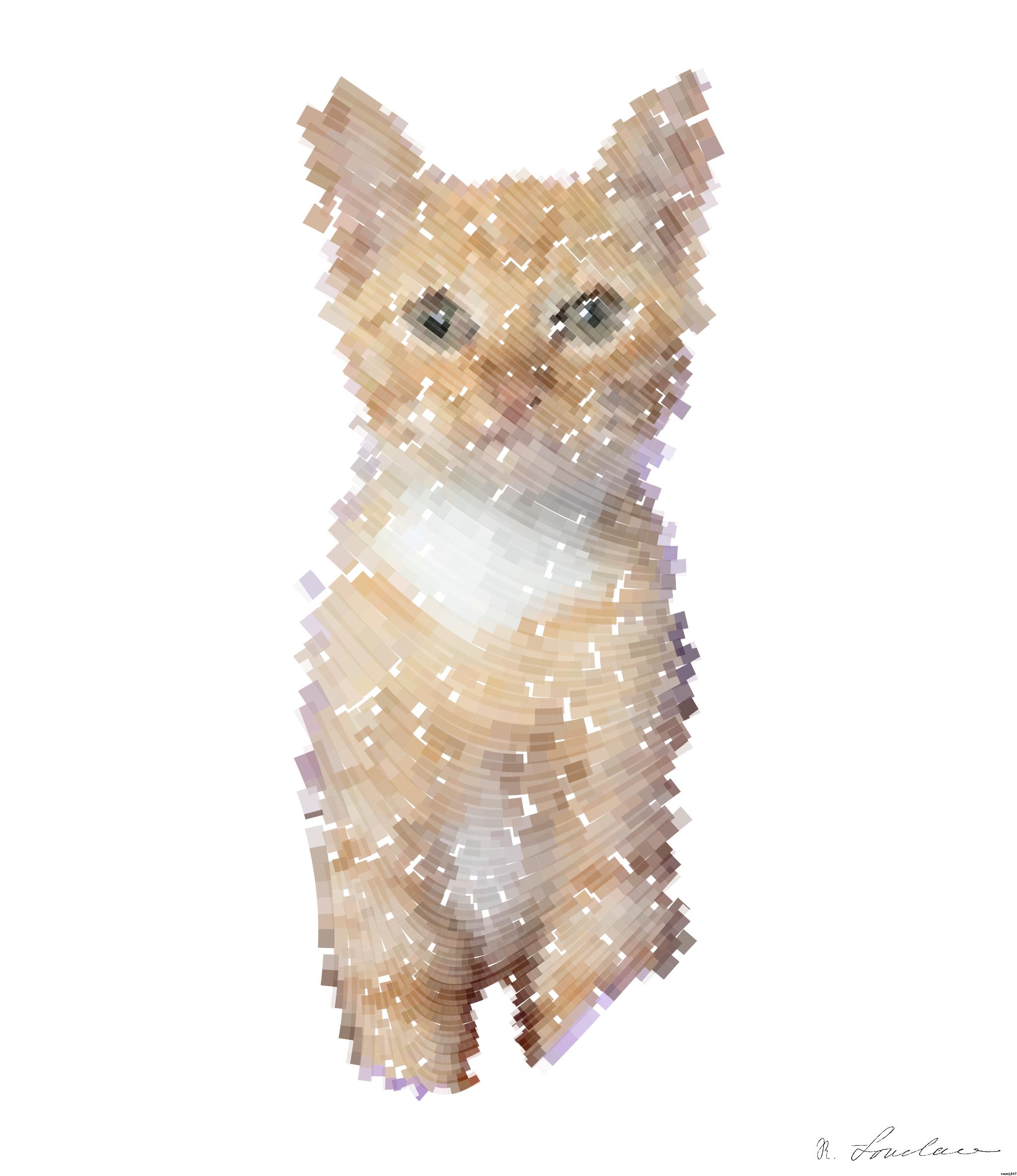 Drawn by bot 2C5NwsD5BfwqUNBvcNe3jP; art-flowy; an orange and white cat sitting in a hole in a purple wall AI Art