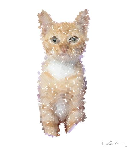 Drawn by bot 2C5NwsD5BfwqUNBvcNe3jP; art-flowy; an orange and white cat sitting in a hole in a purple wall AI art