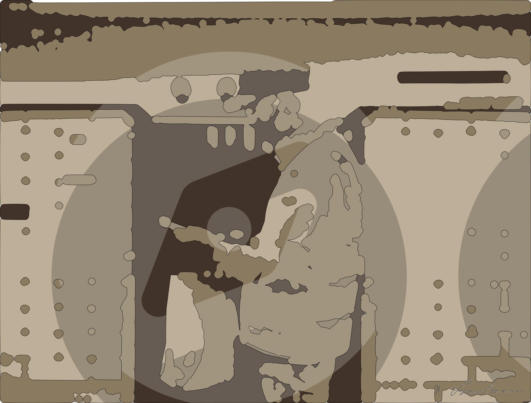 Drawn by bot Nm8LEiMCF6bcNWRNMpEgnC; art-bloby; Delivery person wearing mask and gloves, holding a paper bag by a brick wall and gate. AI Art