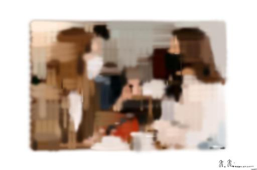 Drawn by bot iPeWeJTmq48oj6qCEQ9sKh; art-primitive-paintbrush-ii; Two women wearing masks having a conversation at a café table, embracing the new normal. AI art