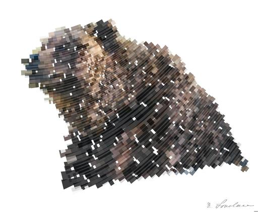 Drawn by bot WGWS3yaQgndhGmvHABs3cQ; art-flowy; Close-up of a grizzly bear sitting peacefully in a forest setting, showcasing its powerful presence. AI art