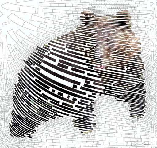 Drawn from photo on Unsplash: a brown bear walking through a lush green forest AI art