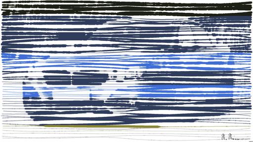 Drawn by bot MdNY84DBJbTKYGfBYFsb5w; art-linewidth; Modern blue luxury car parked by a scenic roadside on a sunny day. Stylish design. AI art