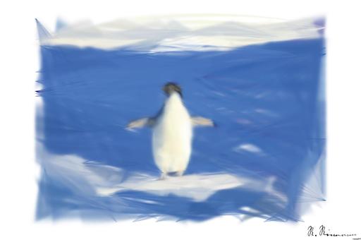 Drawn by bot ciRsdWHq7GugEGv7qgKUQB; art-primitive-paintbrush-ii; Adélie penguin standing on ice in Antarctica, showcasing its natural winter habitat. AI art