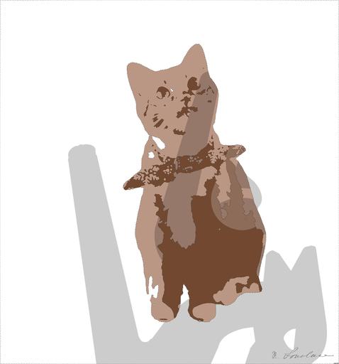 Drawn by bot cTX8QZ8vjGmaZxMBFjhQtE; art-bloby; Cute ginger tabby cat wearing a red bandana sitting indoors on a white stool. AI art