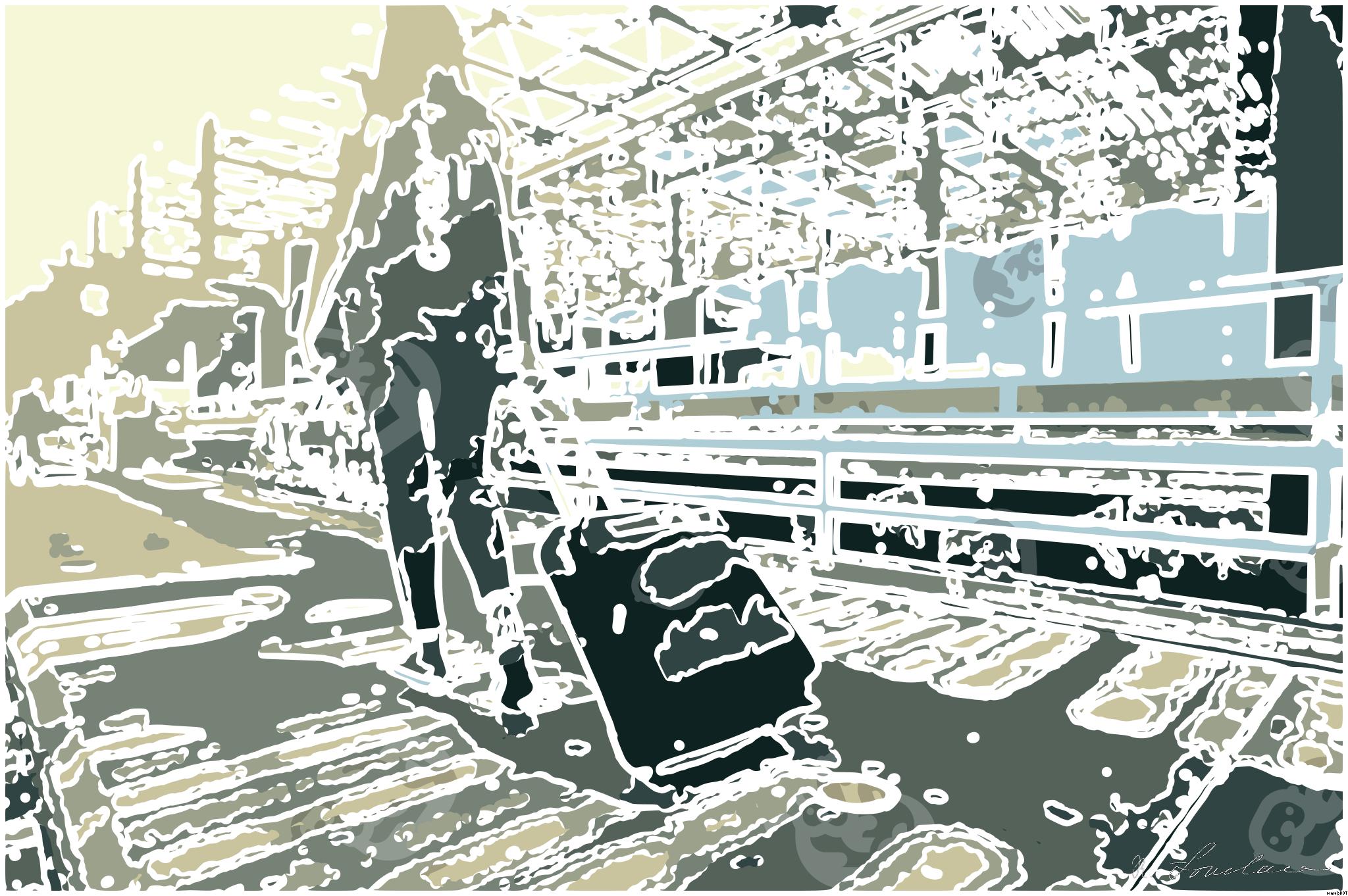 Drawn by bot cKHNYosUbtj9FAitVFJpwo; art-bloby; A woman walks with a suitcase outside an airport terminal, ready for travel. AI Art