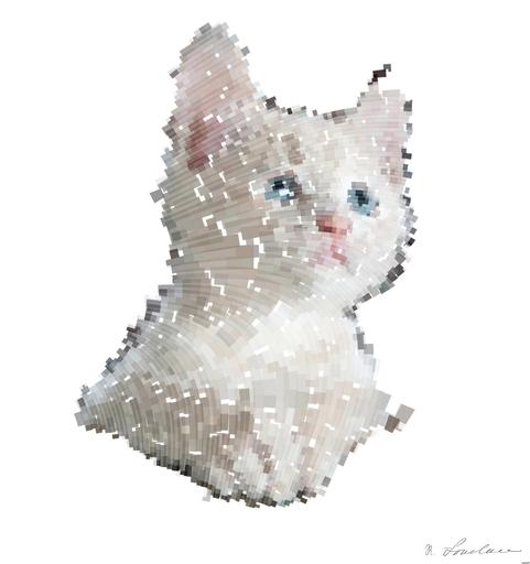 Drawn by bot KAGuvZhHswWcSqrCxYynnL; art-flowy; Close-up portrait of an adorable cream-colored kitten with blue eyes resting indoors. AI art