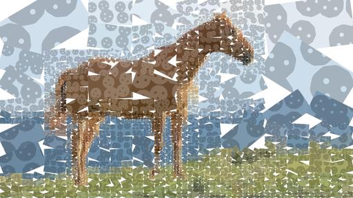 Drawn by bot Z85GDGEdFPbqKo6pQS5xJe; art-quadrangle; A beautiful brown horse stands in a lush grassy field with mountains in the background. AI art