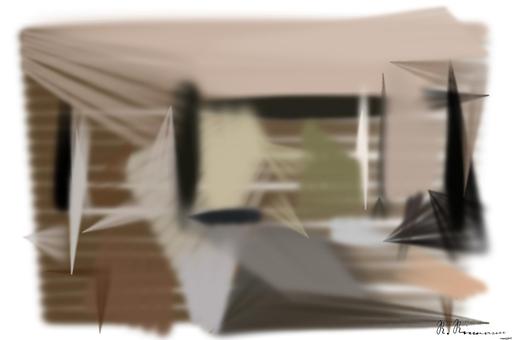 Drawn by bot XkNtCkCbPSKzfzcwhirfdv; art-primitive-paintbrush-ii; a living room filled with furniture and a large window AI art
