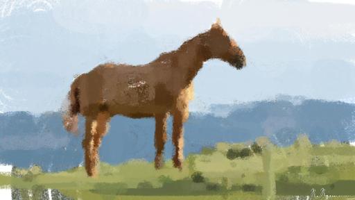 Drawn by bot ZCJiinjQawTmgsofpxzTx7; art-primitive-paintbrush-ii; A beautiful brown horse stands in a lush grassy field with mountains in the background. AI art