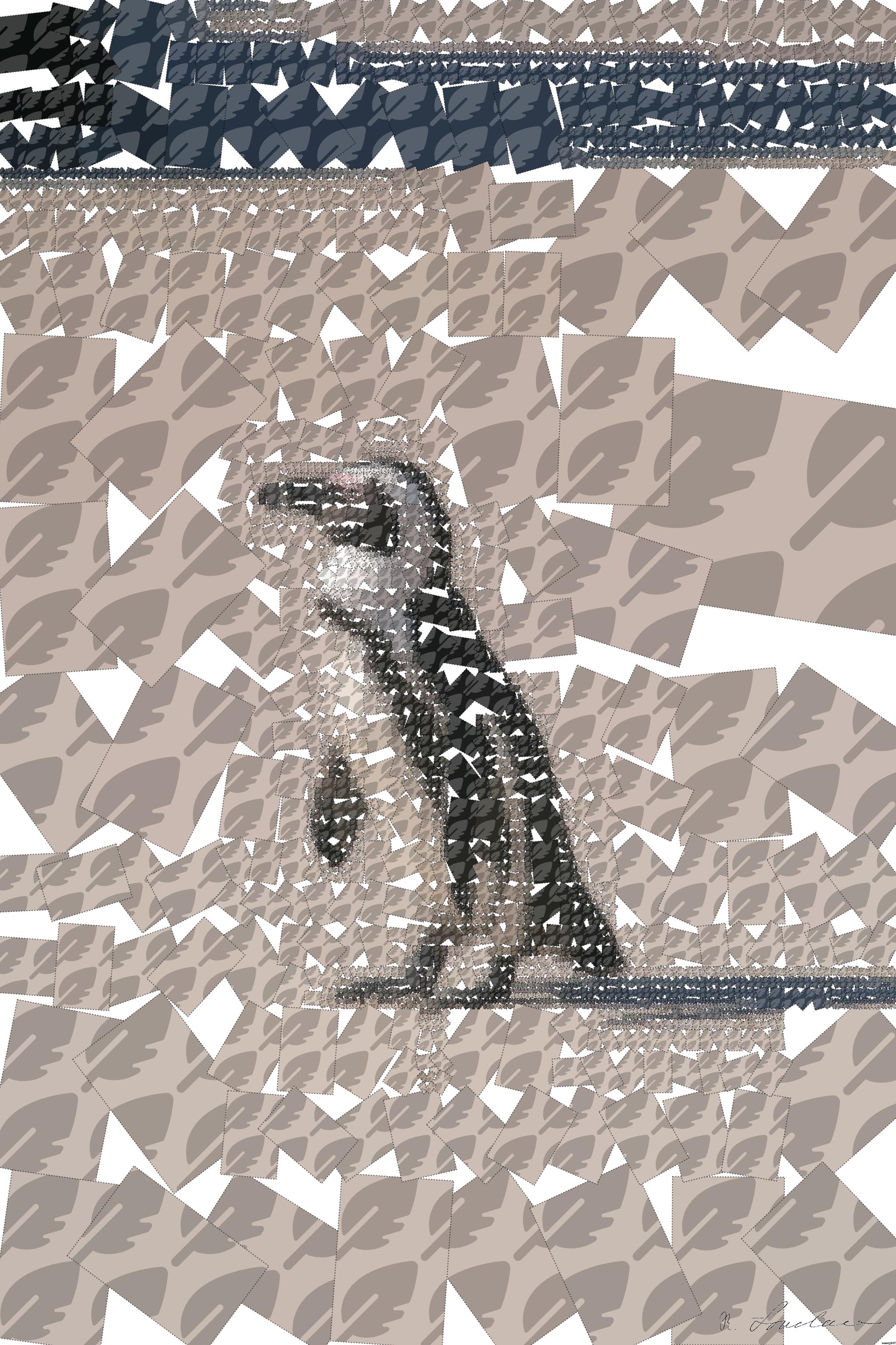 Drawn by bot fQkMrcnygci3TJY47KGPaM; art-quadrangle; white and black penguin on grey sand AI Art