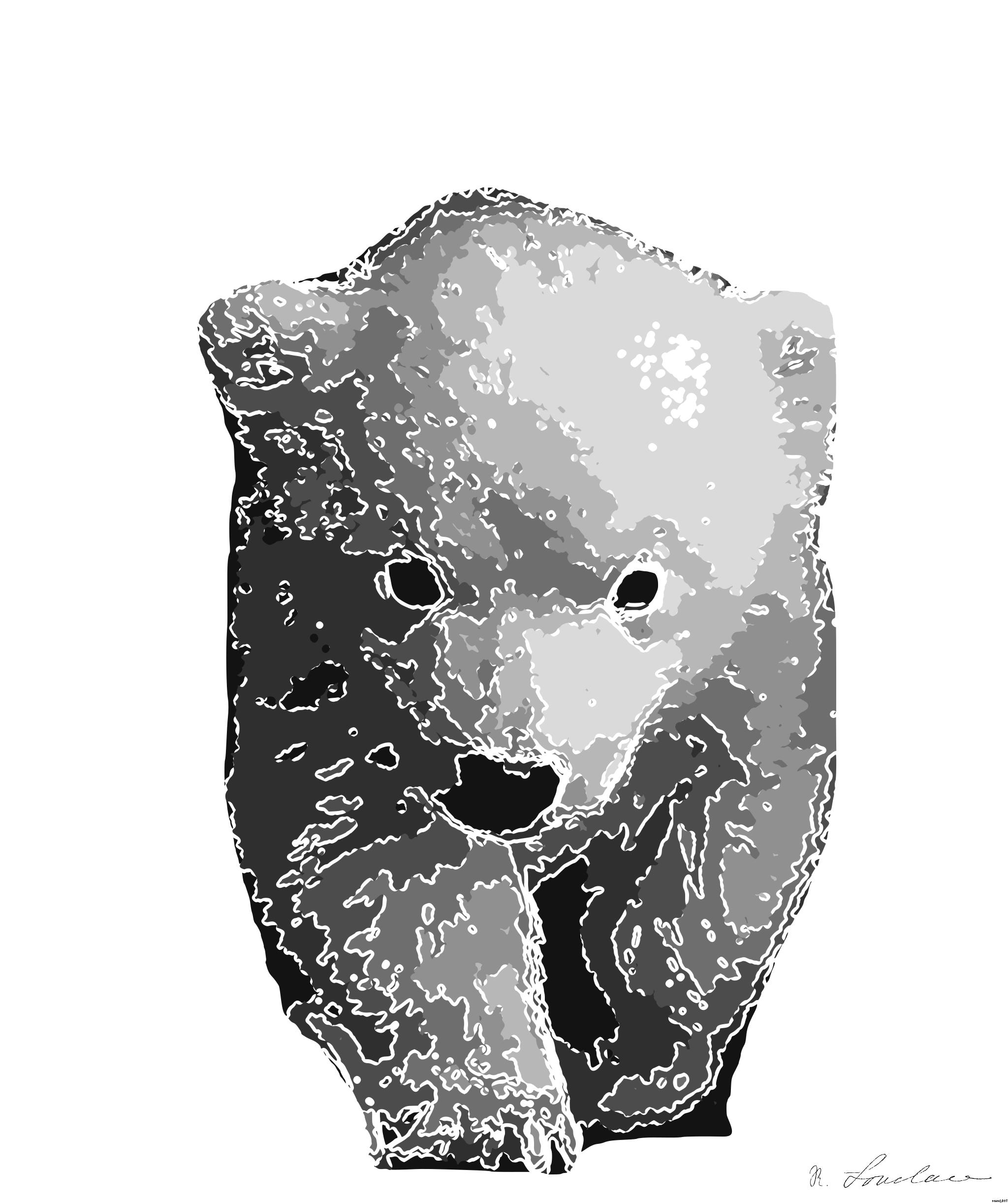 Drawn from photo on Pexels: Black and white portrait of a polar bear cub sheltered between its mother's paws. AI Art