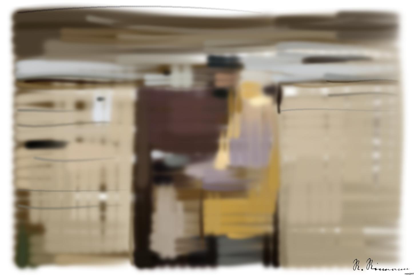 Drawn by bot ESHhGY6hH9FMocQqqBcxuy; art-primitive-paintbrush-ii; Delivery person wearing mask and gloves, holding a paper bag by a brick wall and gate. AI Art