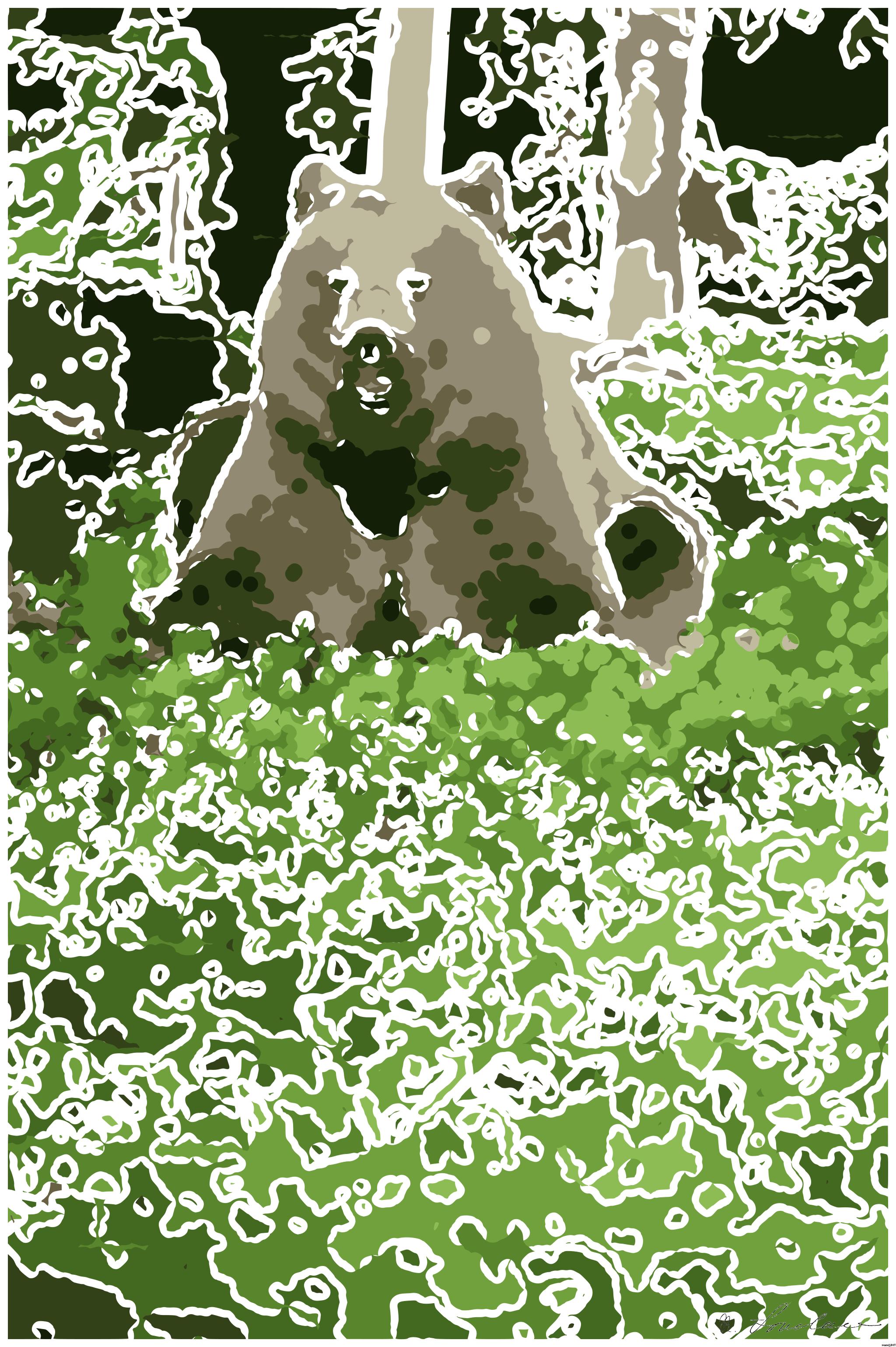 Drawn by bot Qit96iATqmCKAawRRXabS9; art-bloby; Wild brown bear crouched  in the finnish taiga AI Art