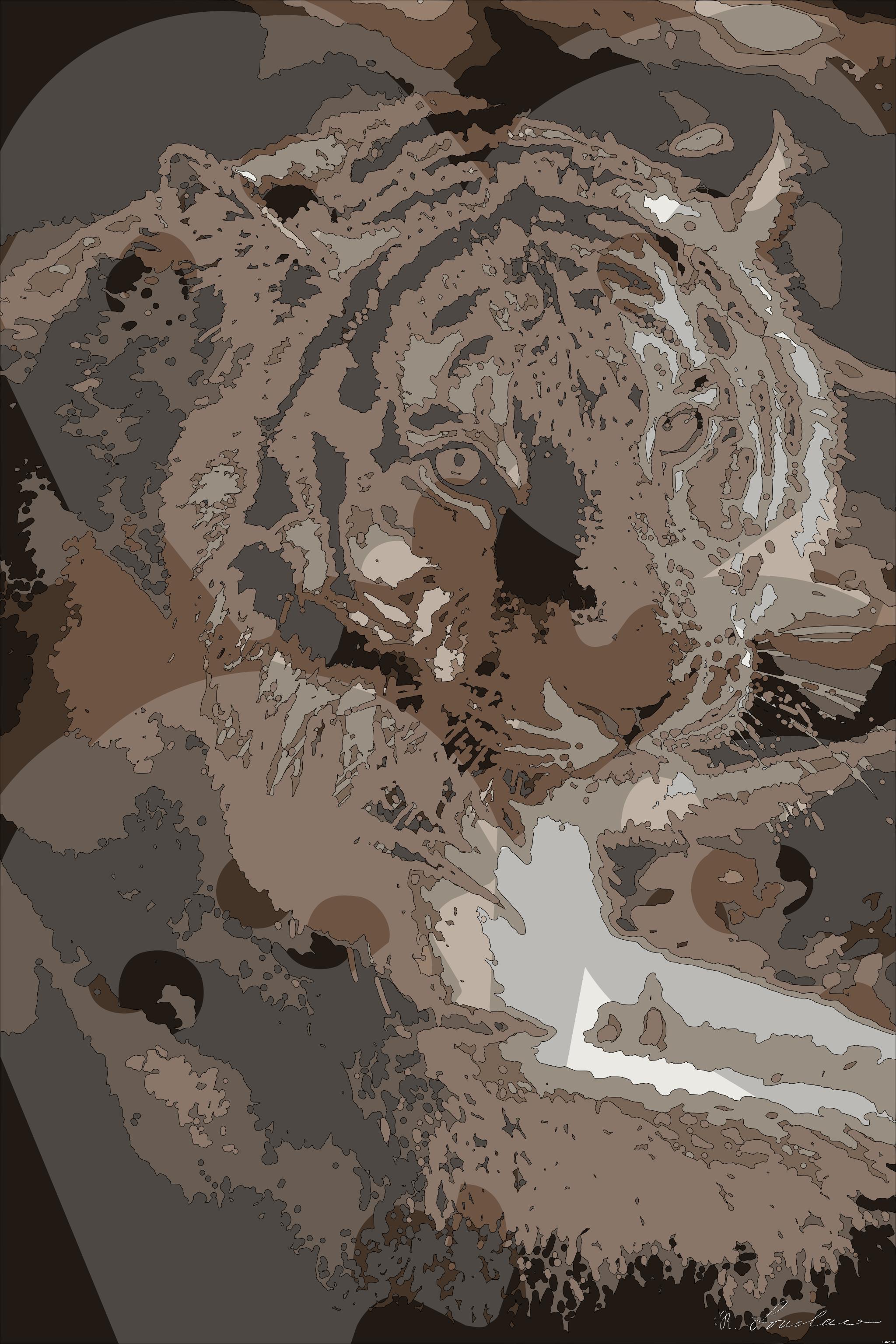 Drawn by bot 7EJb5UQB2EfUQFcQdwEmn3; art-bloby; brown and white tiger lying on ground AI Art
