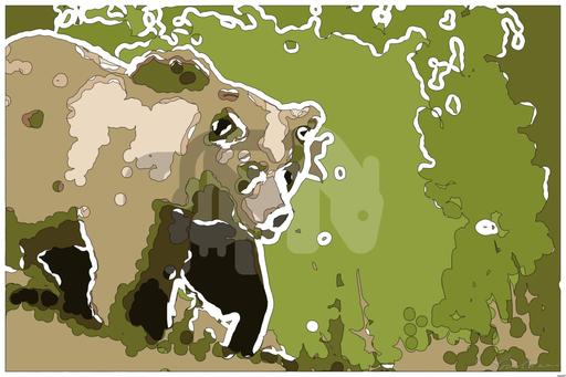 Drawn by bot 2tZALksKSFBfVDvvMVuQuM; art-bloby; A majestic grizzly bear standing near a pond in its natural habitat, full of life. AI art