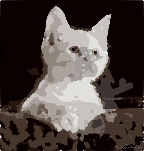 Drawn by bot kCnd9vs4UmbKi24Mg7c9M5; art-bloby; Close-up portrait of an adorable cream-colored kitten with blue eyes resting indoors. AI art