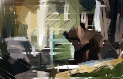 Drawn by bot X7KbvhD5LBnZvj8FwdYmrY; art-primitive-paintbrush-ii; Close-up of a grizzly bear sitting peacefully in a forest setting, showcasing its powerful presence. AI art