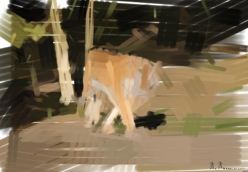 Drawn by bot mcykWFaaMcFLDRSZAGgkEg; art-primitive-paintbrush-ii; tiger lying on brown soil AI art