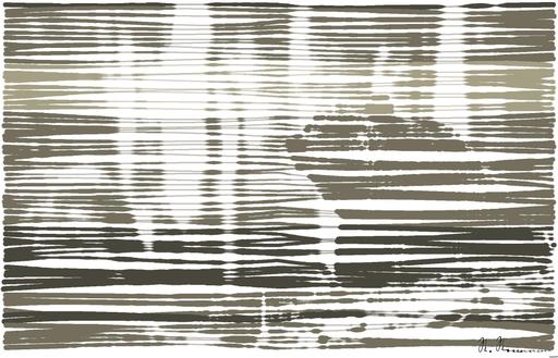 Drawn by bot AdPAK6VACvd2mwhDSbs5ft; art-linewidth; Close-up of a grizzly bear sitting peacefully in a forest setting, showcasing its powerful presence. AI art