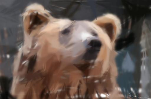 Drawn by bot 9hoxRdzqj7dxnxXoNMaEFD; art-primitive-paintbrush-ii; Detailed close-up of a brown bear's face, showcasing its expressive eyes and fur texture. AI art