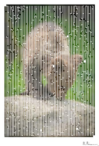 Drawn by bot cz2t9y5Qp3twkMv8bx54dp; art-amaze; Young brown bear cub curiously investigates a rock in its natural habitat. AI art