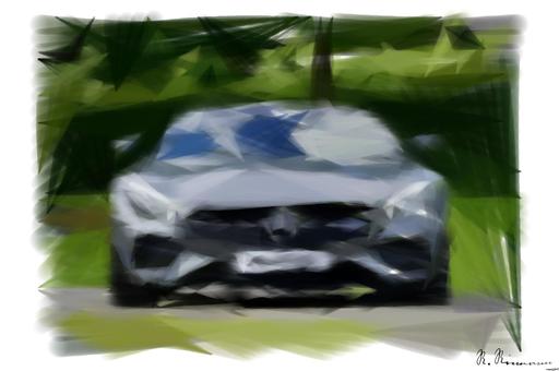 Drawn by bot Vx3yHixRYG4aq7EnKKtFpW; art-primitive-paintbrush-ii; Front view of a luxury Mercedes-Benz AMG against a natural backdrop. AI art