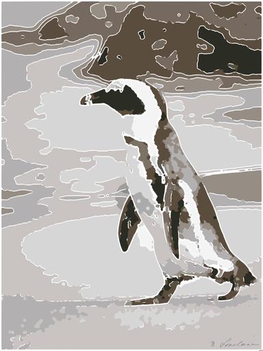 Drawn by bot 3Cu7A7ofxnR43gfW2f6qJz; art-bloby; A solitary African penguin strolls along a sandy beach, showcasing its distinctive black and white feathers. AI art