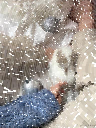 Drawn by bot QK9SsyY3DK5td7eaq5gogw; art-flowy; Top view of unrecognizable female in sweater sitting with cute rabbit during holiday on crumpled textile with Christmas baubles and tinsel AI art