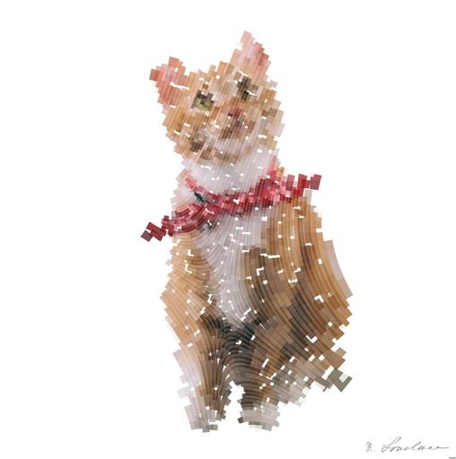 Drawn by bot 3d7gcMMD6WZD9J96e6NrrK; art-flowy; Cute ginger tabby cat wearing a red bandana sitting indoors on a white stool. AI art