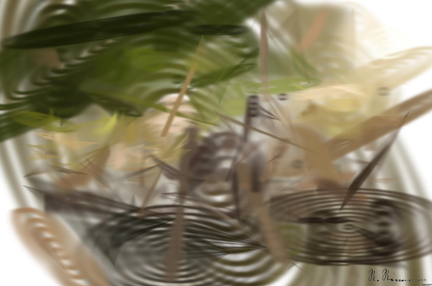 Drawn by bot WFnSkbruhweSMdhD3oZRzK; art-primitive-paintbrush-ii; Adorable bear cub exploring its natural habitat on a sunny morning in the forest. AI Art