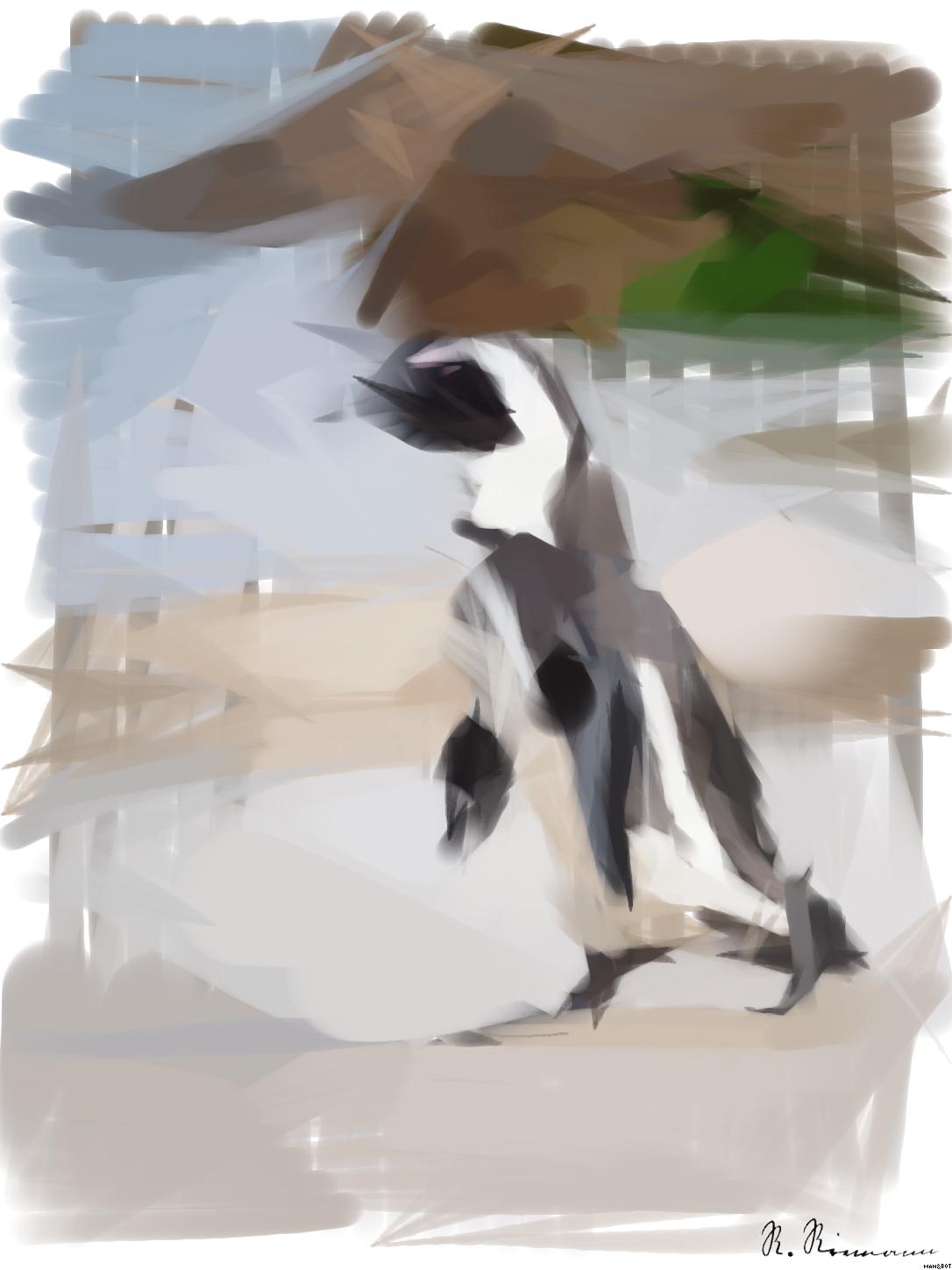 Drawn by bot UhJkyo5UghRYzQ9s4jqNw6; art-primitive-paintbrush-ii; A solitary African penguin strolls along a sandy beach, showcasing its distinctive black and white feathers. AI Art