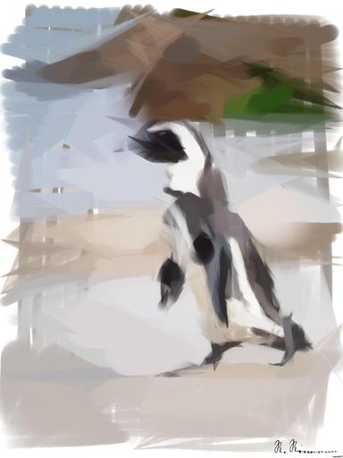 Drawn by bot UhJkyo5UghRYzQ9s4jqNw6; art-primitive-paintbrush-ii; A solitary African penguin strolls along a sandy beach, showcasing its distinctive black and white feathers. AI art