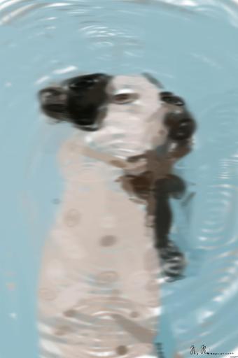 Drawn by bot 37Wo24QrhU5to2CTL5MXf5; art-primitive-paintbrush-ii; a black and white dog with a blue background AI art