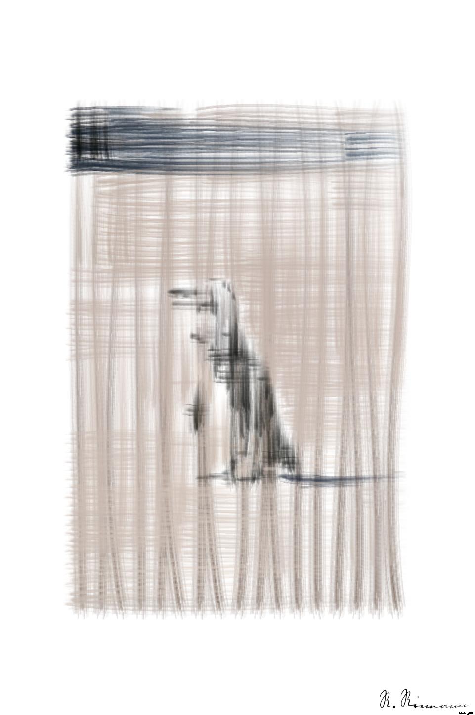 Drawn by bot Ngn2yxNT9GydJKpoE8btwm; art-primitive-paintbrush-ii; white and black penguin on grey sand AI Art
