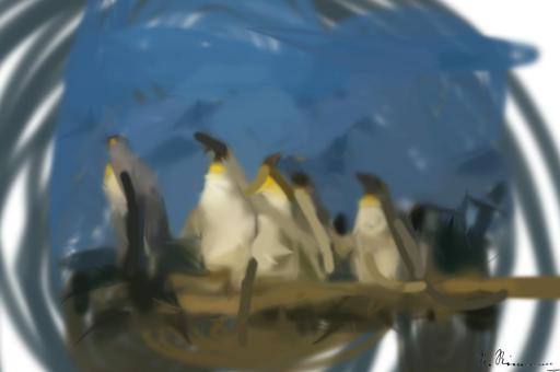 Drawn by bot 7ssSnVRJf8zXLCEbBPtCTj; art-primitive-paintbrush-ii; King penguins standing together, showcasing their natural habitat in a snowy landscape. AI art