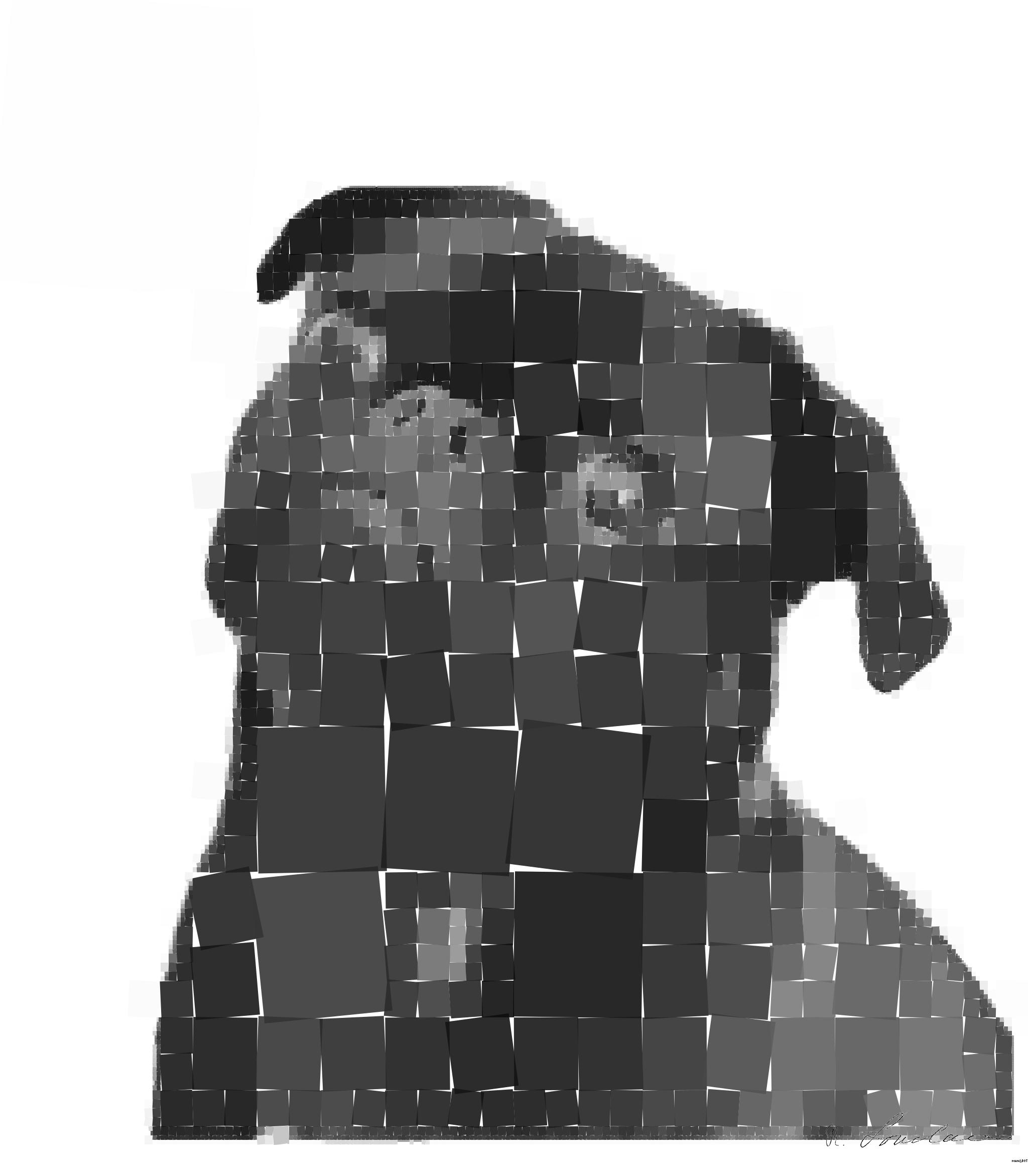 Drawn by bot nxd6wnKGVrtecs8e735cgf; art-quadrangle; Captivating portrait of a black pug gazing curiously, captured in monochrome. AI Art