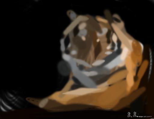 Drawn by bot 7EqqmMGhNDcUzh5k6gZwFS; art-primitive-paintbrush-ii; Close-up portrait of a Bengal tiger showcasing its fierce gaze and striking stripes in a dramatic setting. AI art