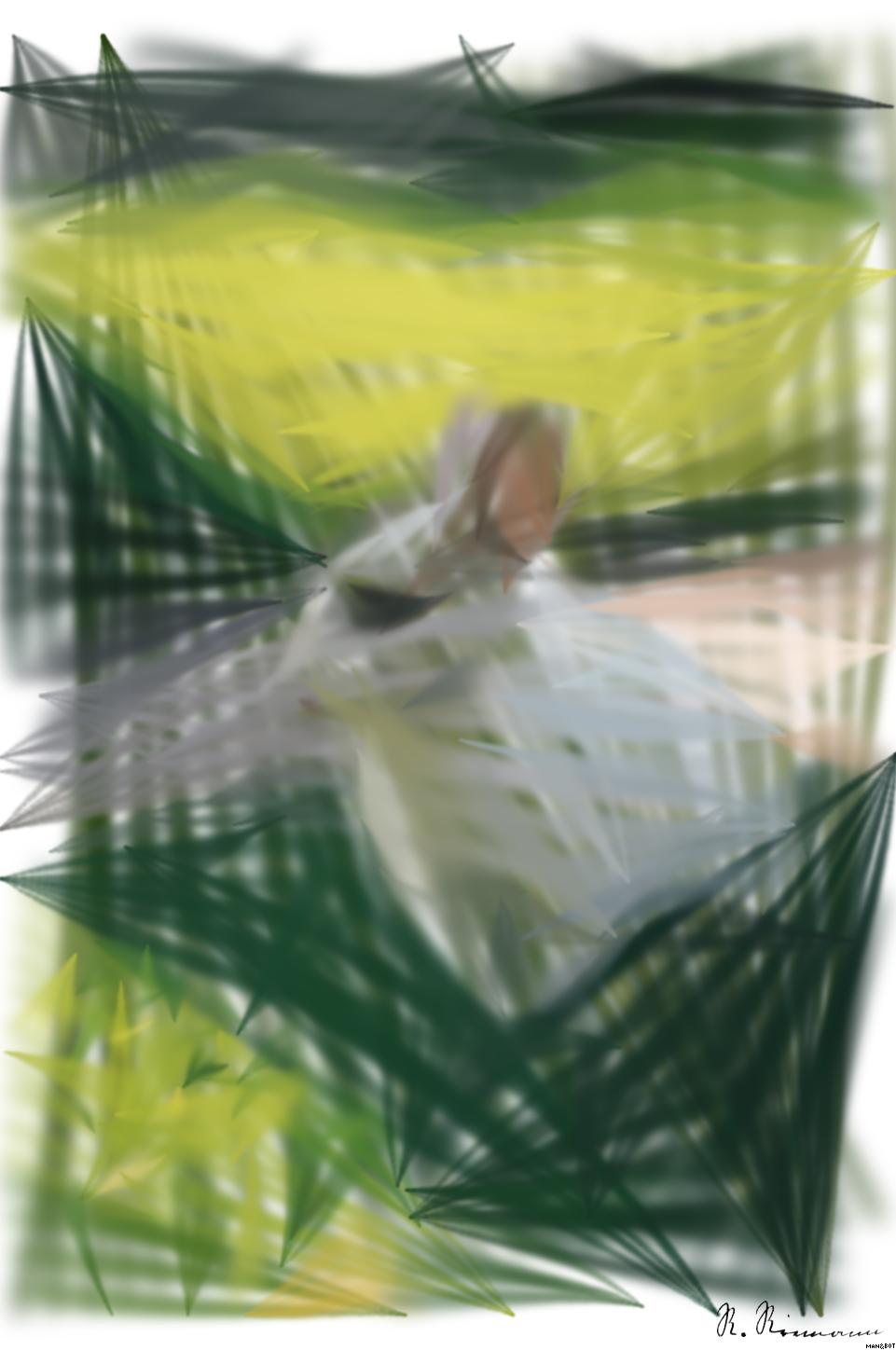Drawn by bot 4SXiTX4AvjHDcMrUQz7jRj; art-primitive-paintbrush-ii; white rabbit on green grass during daytime AI Art