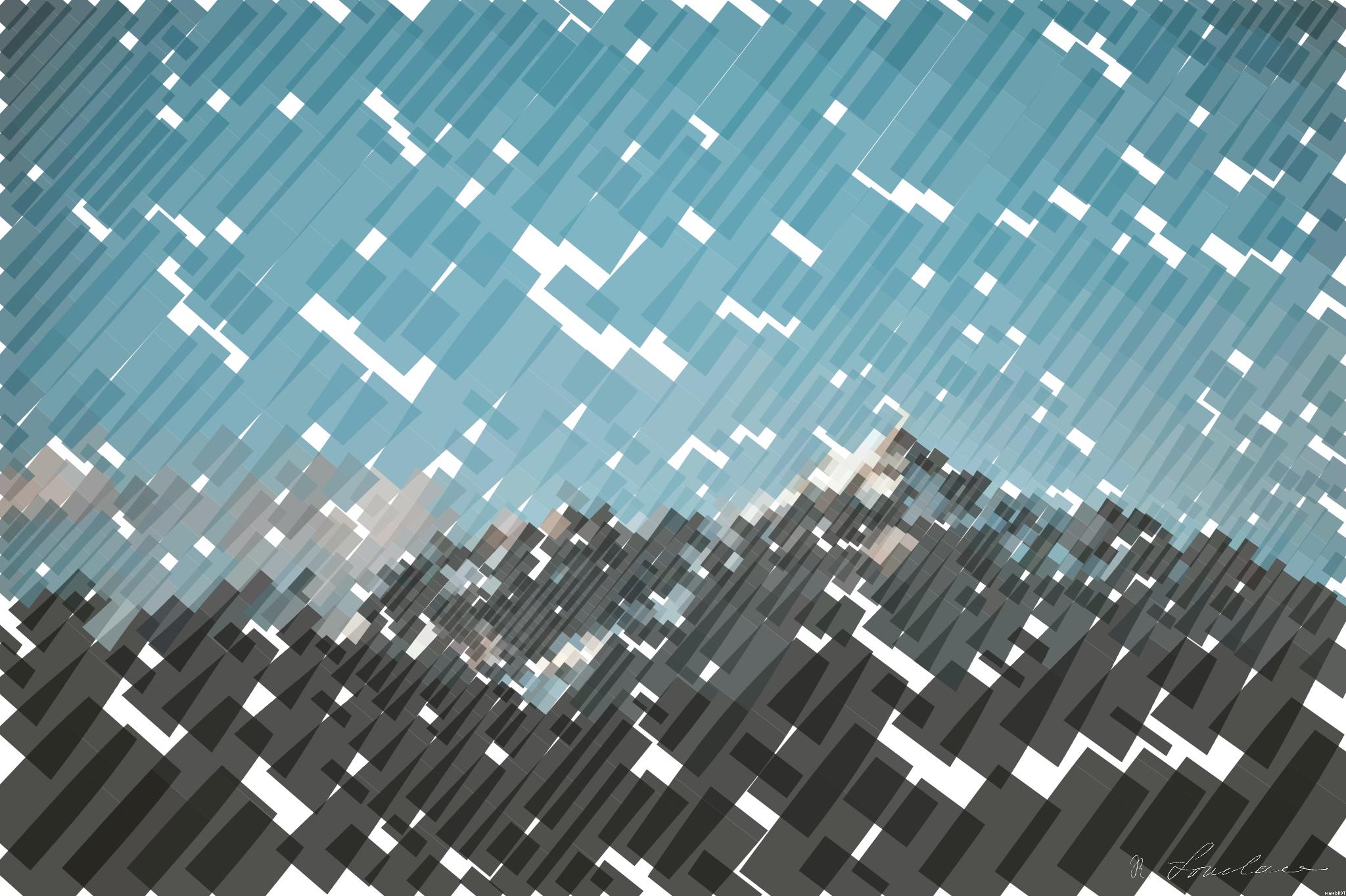 Drawn by bot iusTGAPXKKntXWCa8ZGbiv; art-flowy; Stunning view of snow-capped mountains against a blue sky, perfect for nature lovers. AI Art