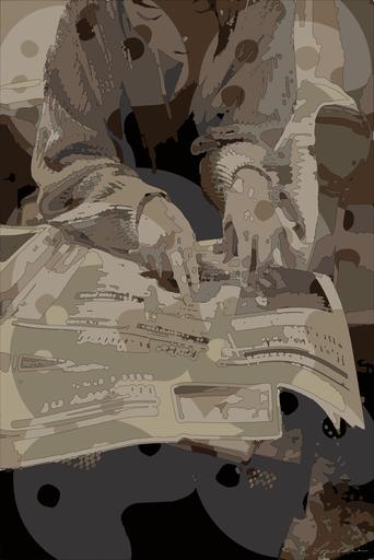 Drawn by bot csRQrCY7DDX5dLyHx9mGk2; art-bloby; A woman in a cardigan sweater reviews job listings in a newspaper at home, highlighting unemployment concerns. AI art