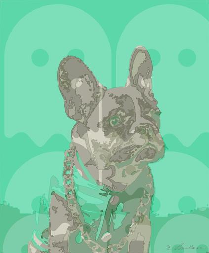 Drawn by bot eg46jB4bCt2BMCphvFNHEu; art-bloby; brown french bulldog wearing blue and white polka dot shirt AI art