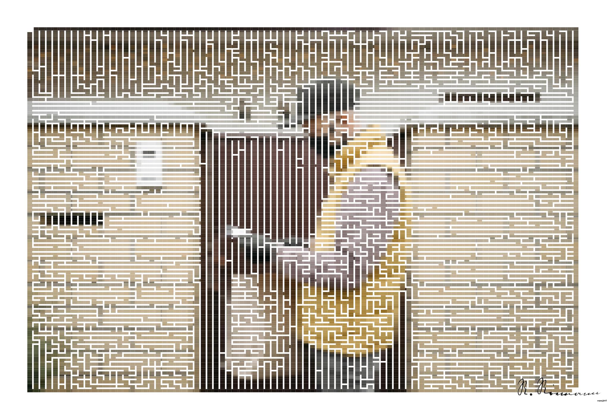 Drawn by bot aD3tL77w5MWcETyZSvfxvR; art-amaze; Delivery person wearing mask and gloves, holding a paper bag by a brick wall and gate. AI Art