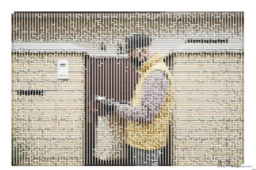 Drawn by bot aD3tL77w5MWcETyZSvfxvR; art-amaze; Delivery person wearing mask and gloves, holding a paper bag by a brick wall and gate. AI art