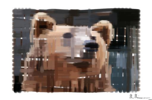 Drawn by bot hDMqG7r5Qy5ikwGAFuZCQx; art-primitive-paintbrush-ii; Detailed close-up of a brown bear's face, showcasing its expressive eyes and fur texture. AI art