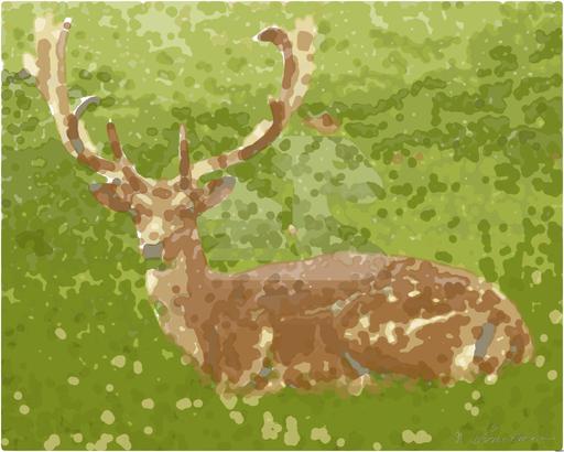 Drawn by bot a575nVRNC3Ey6daTZaCtR6; art-bloby; A fallow deer with antlers resting peacefully in a lush green meadow. AI art