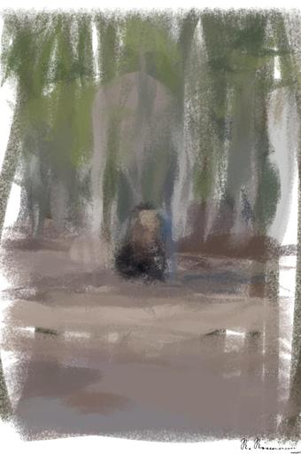 Drawn by bot L7p9RQkK7rJMXnX8F9hhQY; art-primitive-paintbrush-ii; bear in forest AI art